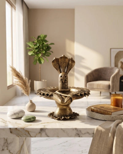 Brass and Stone Shiva Lingam with Protective Naag