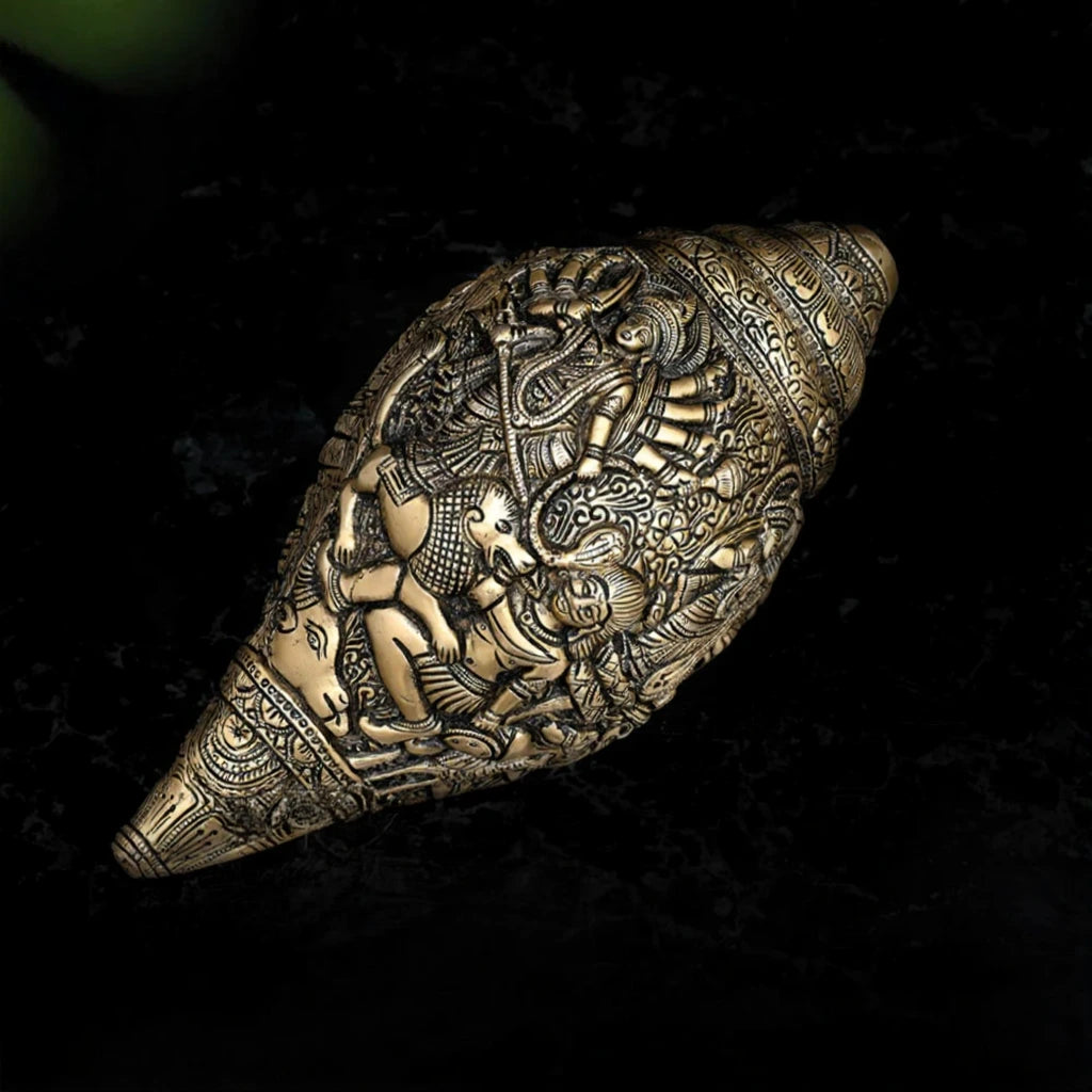 Brass Antique Shankh with Durga Carving