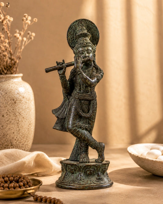 Bronze Krishna Statue – Antique Patina Indonesian Style