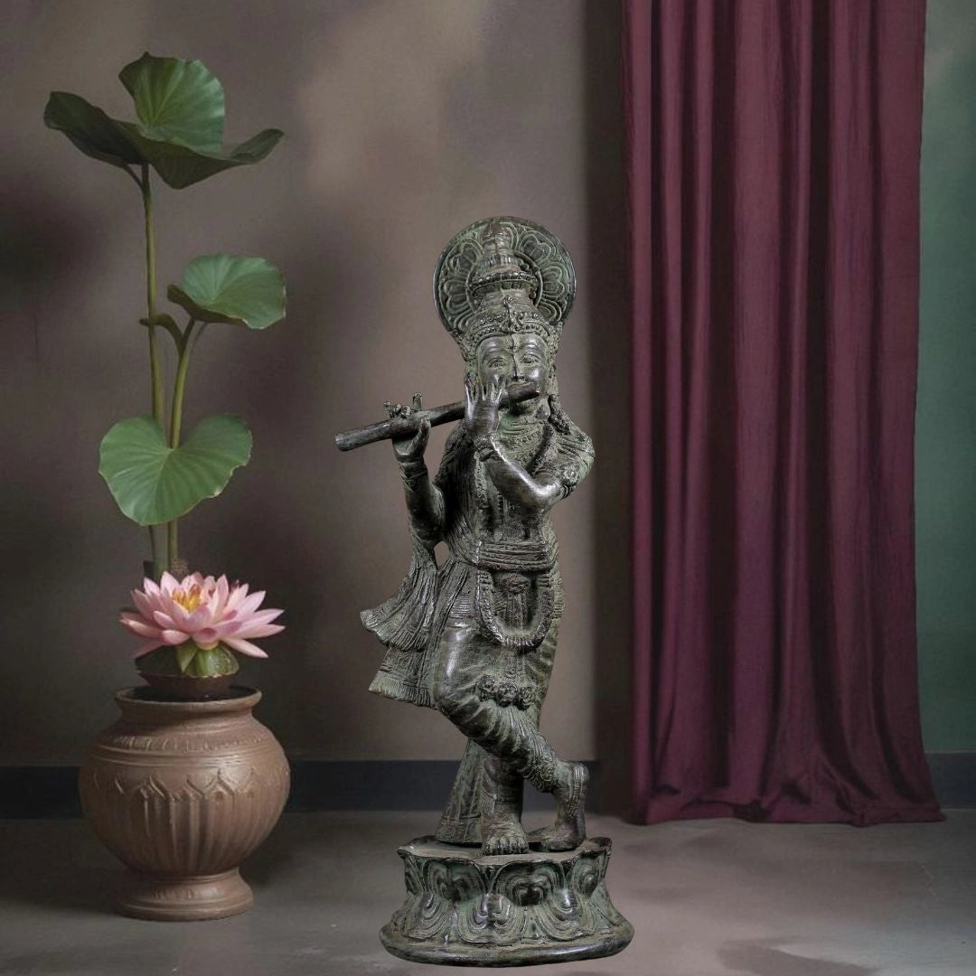 Bronze Krishna Statue – Antique Patina Indonesian Style