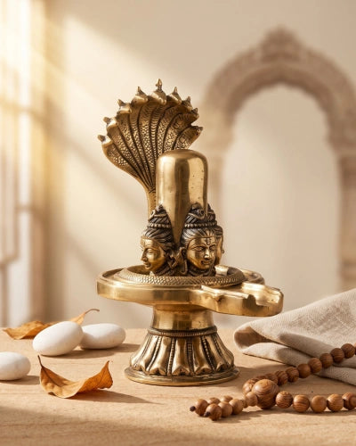 Brass Shivalingam with Four Shiva Faces and Nine Hooded Serpent Protection
