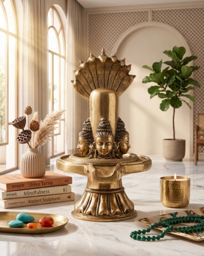 Brass Shivalingam with Four Shiva Faces and Nine Hooded Serpent Protection