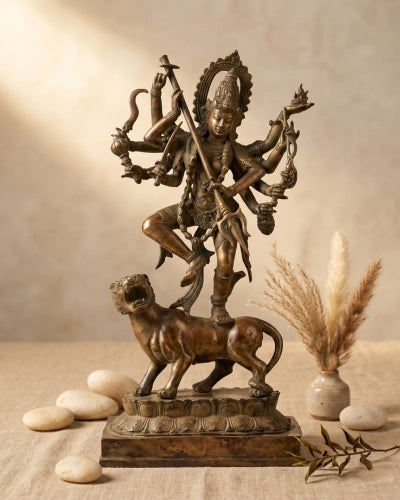 Devi Durga on Lion - Antique Bronze Statue