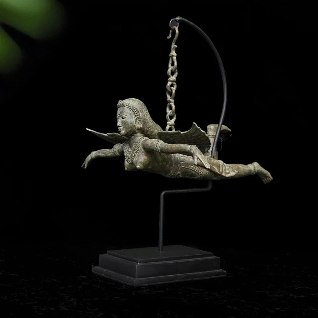 Flying Angel with Wooden Base / Bronze Sculpture