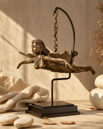 Flying Angel with Wooden Base - Bronze Sculpture