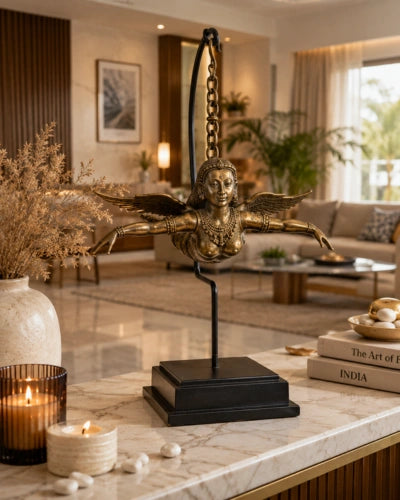 Flying Angel with Wooden Base - Bronze Sculpture
