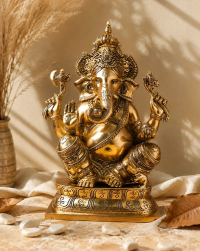 GANESHA STATUE WITH CROWN | HANDCRAFTED BRASS IDOL