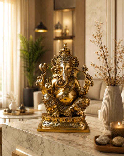 GANESHA STATUE WITH CROWN | HANDCRAFTED BRASS IDOL