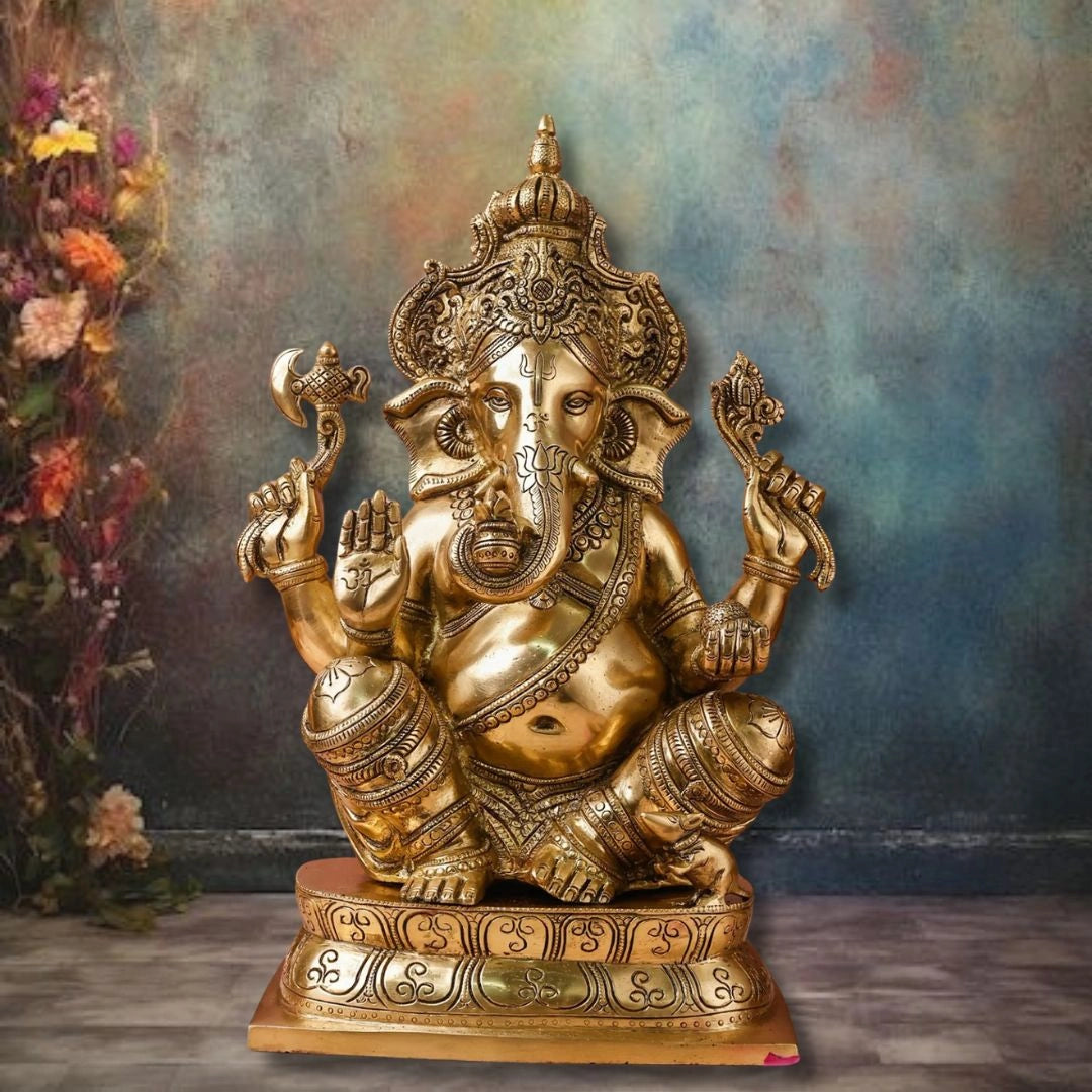GANESHA STATUE WITH CROWN | HANDCRAFTED BRASS IDOL