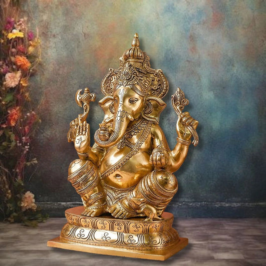 GANESHA STATUE WITH CROWN | HANDCRAFTED BRASS IDOL