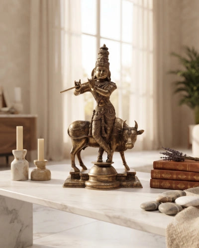 Idol of Brass krishna and Cow Statue