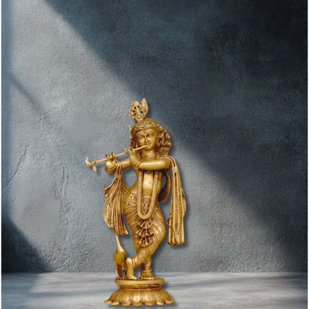 Brass Krishna Idol with flute on Lotus Base