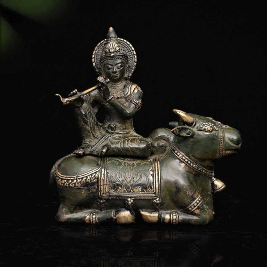 Krishna on Cow - Bronze  Handcrafted  Sculpture