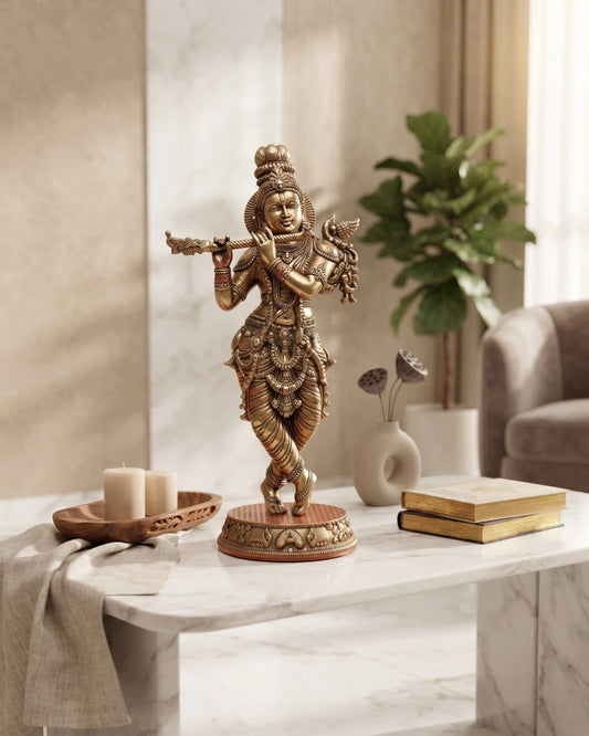 Krishna with Cow and Calf Statue in Brass