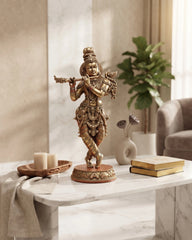 Krishna with Cow and Calf Statue in Brass