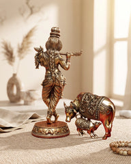 Krishna with Cow and Calf Statue in Brass