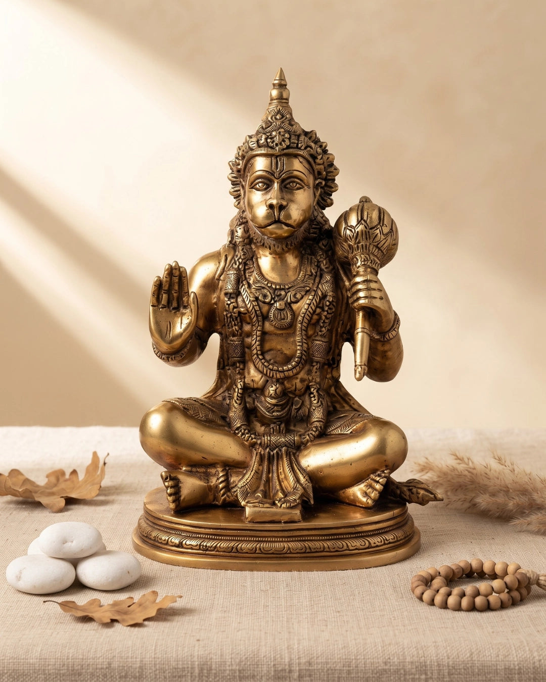 Large Brass Hanuman Statue Sitting with Blessing Hand and Gada