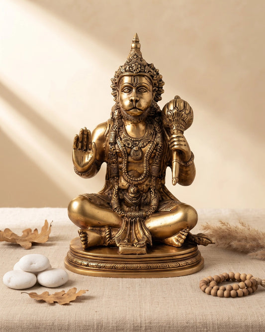 Large Brass Hanuman Statue Sitting with Blessing Hand and Gada