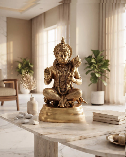 Large Brass Hanuman Statue Sitting with Blessing Hand and Gada