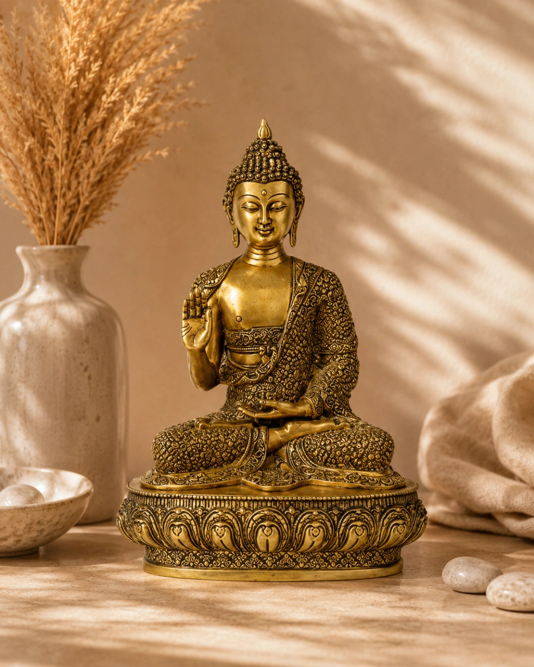 Large Brass Sitting Buddha Statue on Ornamental Base