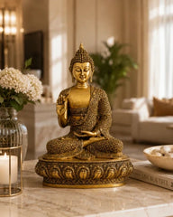 Large Brass Sitting Buddha Statue on Ornamental Base