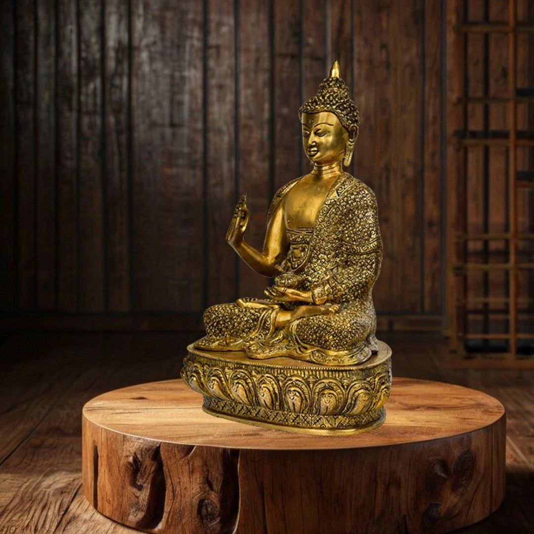 Large Brass Sitting Buddha Statue on Ornamental Base
