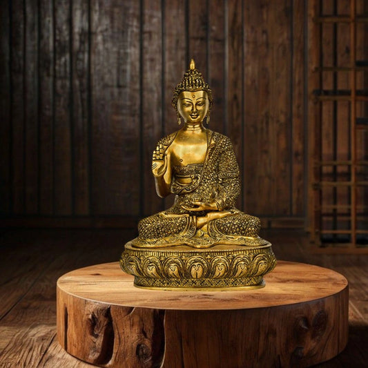 Large Brass Sitting Buddha Statue on Ornamental Base