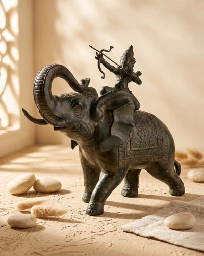 Lord Indra on Airavat - Antique Bronze Sculpture