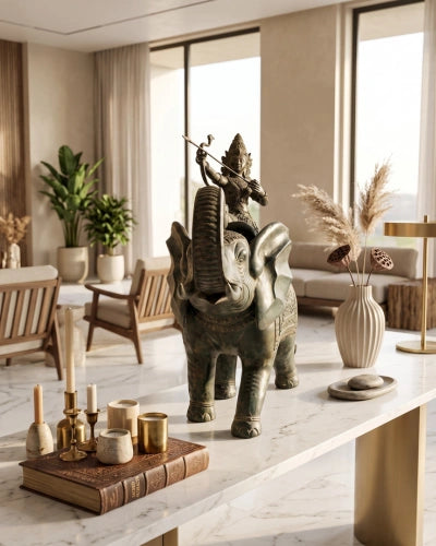 Lord Indra on Airavat - Antique Bronze Sculpture