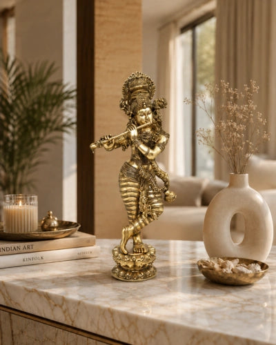 Lord Krishna Playing Flute Brass Statue