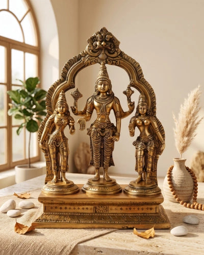 Lord Vishnu Brass murti With Bhudevi & Sridevi Same Base