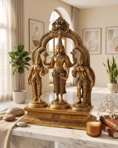 Lord Vishnu Brass murti With Bhudevi & Sridevi Same Base