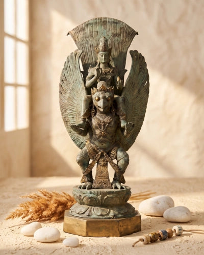 Lord Vishnu on the Shoulders of Garuda - Antique Bronze Sculpture