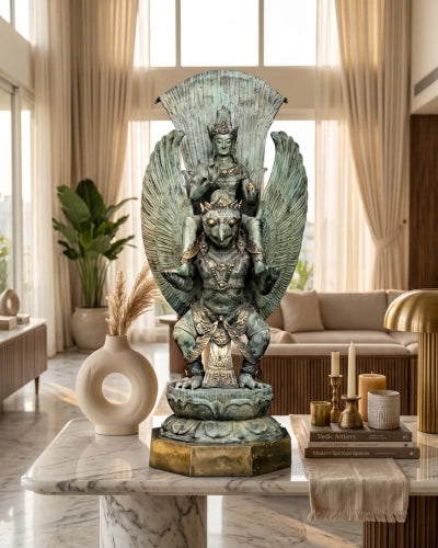 Lord Vishnu on the Shoulders of Garuda - Antique Bronze Sculpture