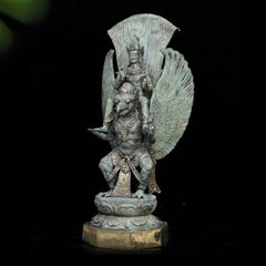 Lord Vishnu on the Shoulders of Garuda - Antique Bronze Sculpture