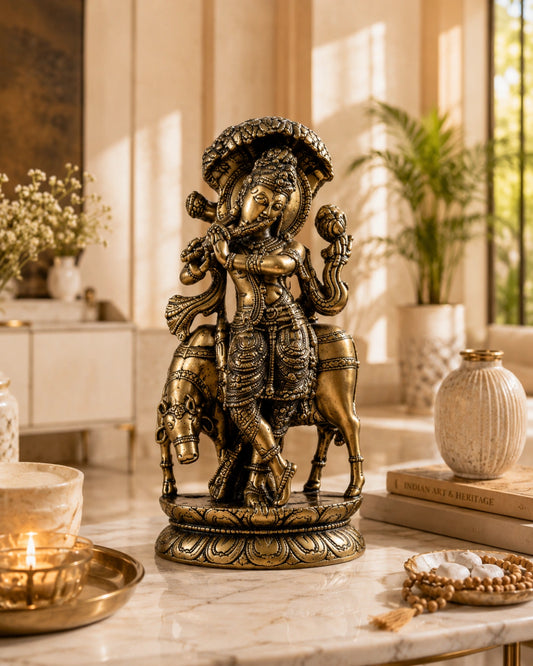 Pure Brass Lord Krishna with Cow under Kalpavriksha Tree