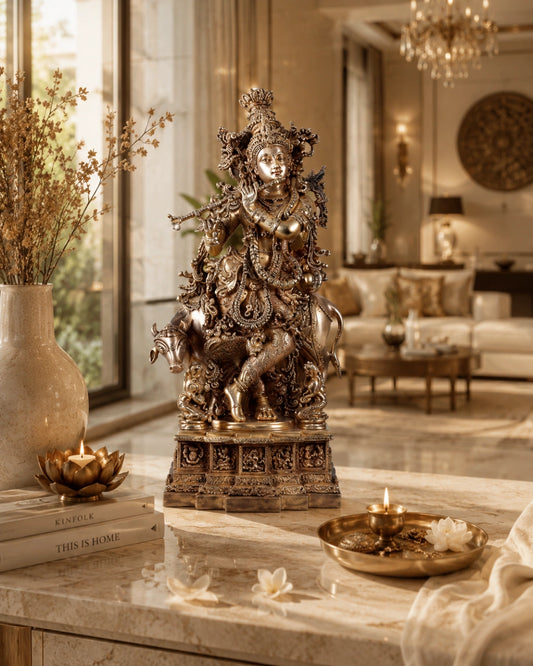 Pure Brass Lord Krishna with Cow – Grand Sculpture with Krishna Leela Base