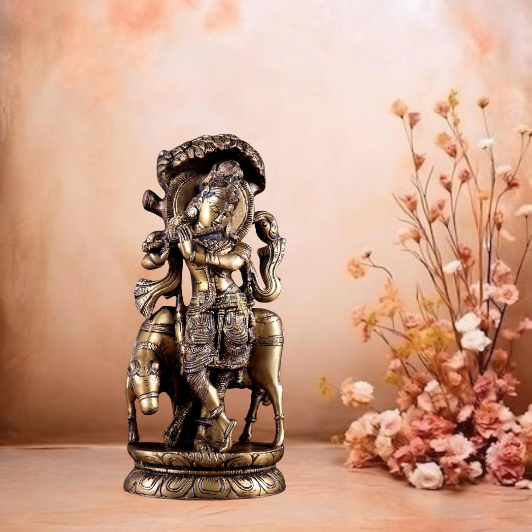 Pure Brass Lord Krishna with Cow under Kalpavriksha Tree