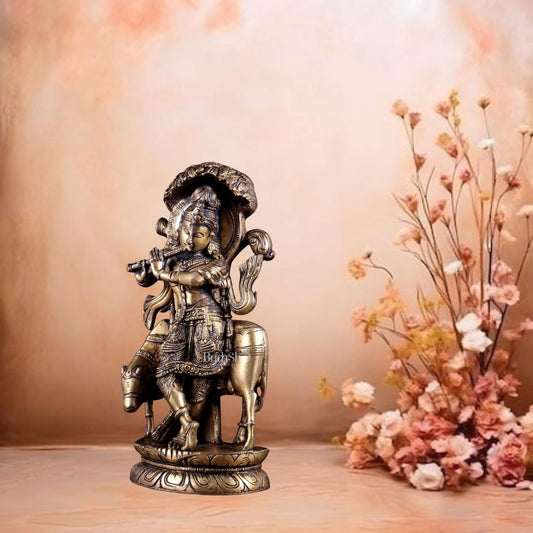Pure Brass Lord Krishna with Cow under Kalpavriksha Tree