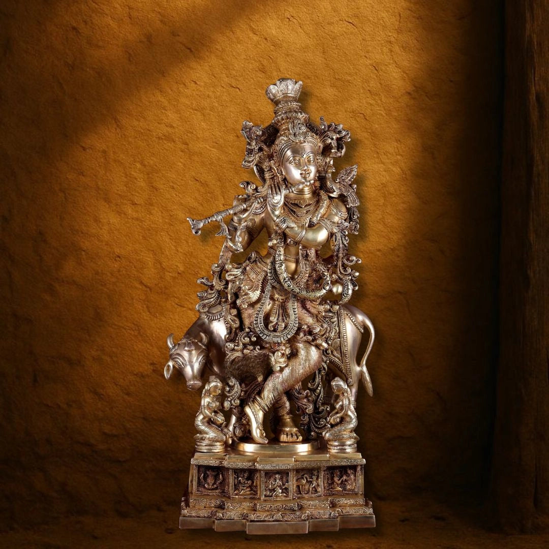 Pure Brass Lord Krishna with Cow – Grand Sculpture with Krishna Leela Base