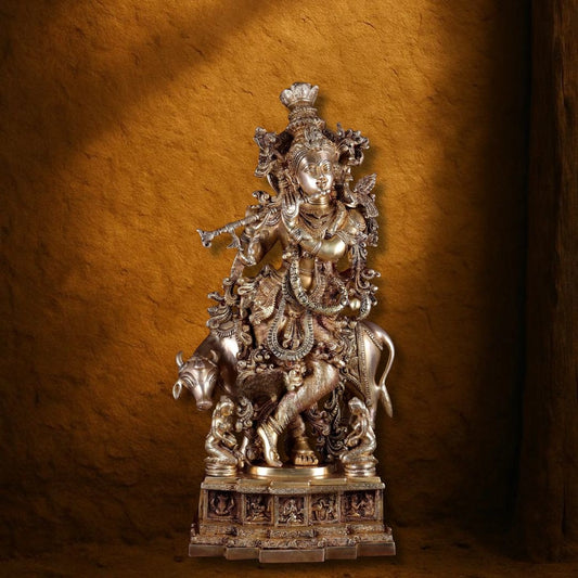 Pure Brass Lord Krishna with Cow – Grand Sculpture with Krishna Leela Base