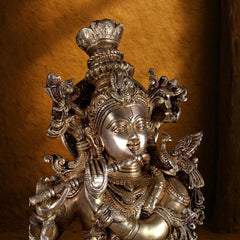 Pure Brass Lord Krishna with Cow – Grand Sculpture with Krishna Leela Base