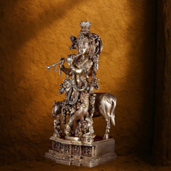 Pure Brass Lord Krishna with Cow – Grand Sculpture with Krishna Leela Base