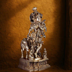 Pure Brass Lord Krishna with Cow – Grand Sculpture with Krishna Leela Base