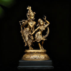 Radha & Krishna in Divine Dance | Handmade Brass Statue (with wooden base)
