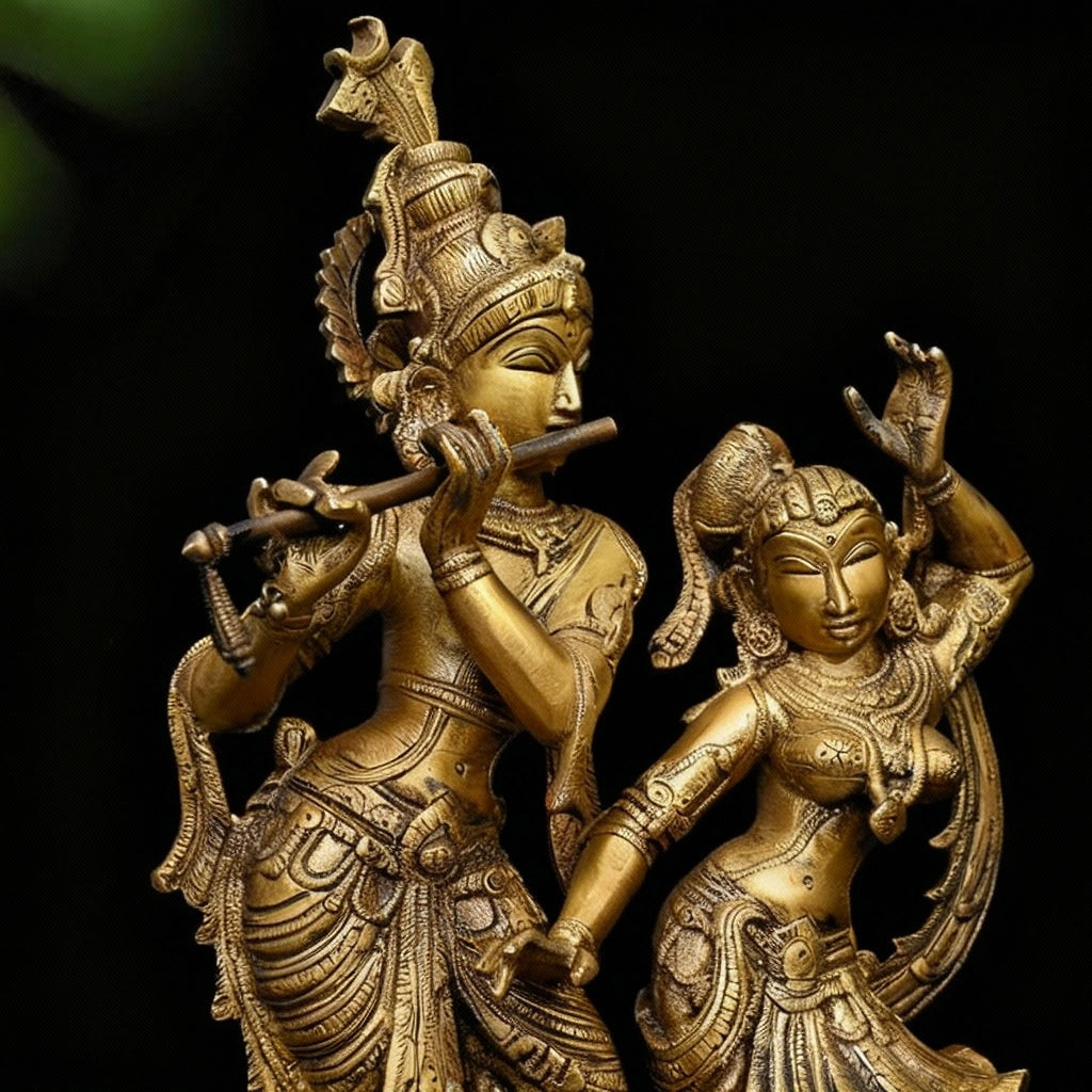 Radha & Krishna in Divine Dance | Handmade Brass Statue (with wooden base)
