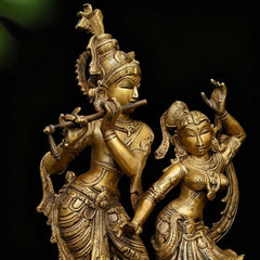 Radha & Krishna in Divine Dance | Handmade Brass Statue (with wooden base)