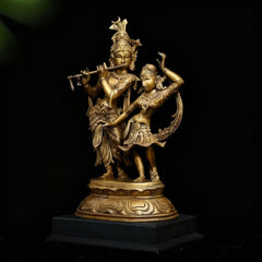 Radha & Krishna in Divine Dance | Handmade Brass Statue (with wooden base)