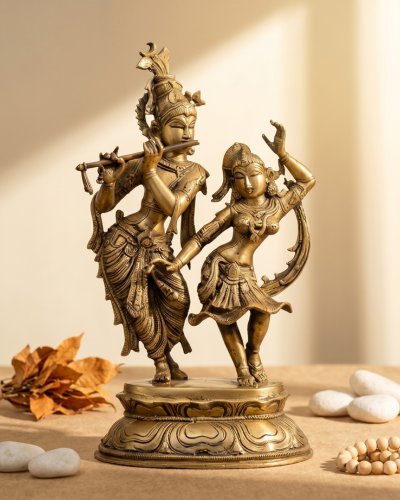 Radha & Krishna in Divine Dance | Handmade Brass Statue (with wooden base)
