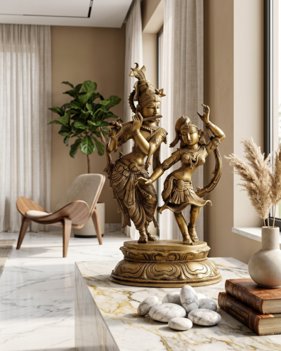 Radha & Krishna in Divine Dance | Handmade Brass Statue (with wooden base)